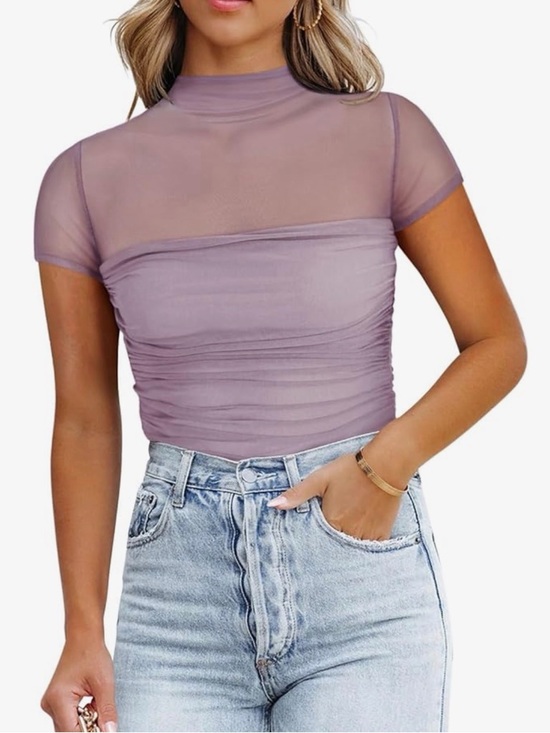 ReoRia Tops - NWT-ReoRia Lavender Sheer Mock Neck Ruched Bodysuit